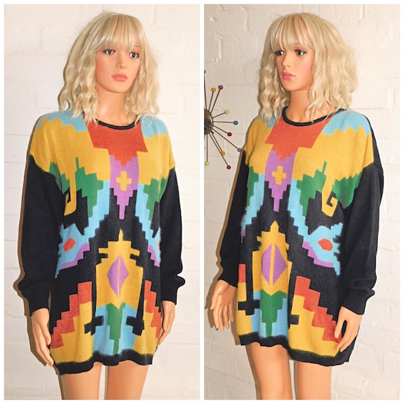 Vintage 80s Black Multicoloured GEOMETRIC Sweater Jumper M L 1980s
