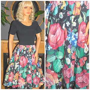 Vintage 1980s Black FLORAL Rose print Swing PROM Day Dress 10 S 80s Kitsch PARTY