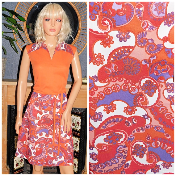Vintage 60s Orange Contrast PSYCHEDELIC Print Mini MOD Dress 12 M 1960s Modette Kitsch Dolly Wide Collar