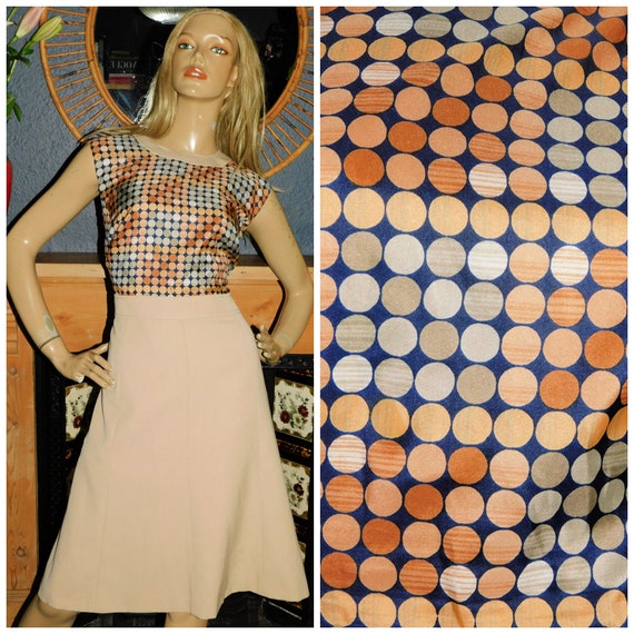 Vintage 60s Nude Navy GEOMETRIC CIRCLE Contrast MOD Dress 14-16 M L 1960s Modette