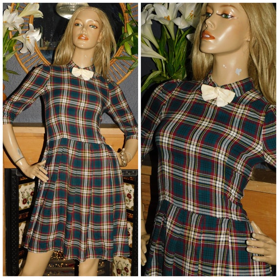 Vintage 40s 50s Green Red Yellow CHECK Bow Front Tea Dress 8 S 1940s 1950s