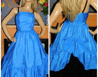 Vintage 80s Blue HITCHED BOW Prom Party Dress 10 S 1980s Cocktail Kitsch Trashy