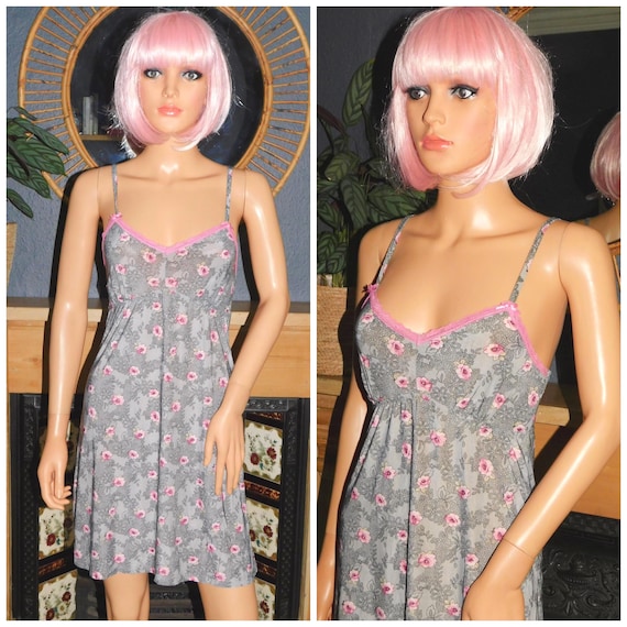Vintage Y2K Grey Pink FLORAL Lace Trim Slip Dress 6 8 10 Xs S 1990s Grunge Disco Coquette Lingerie