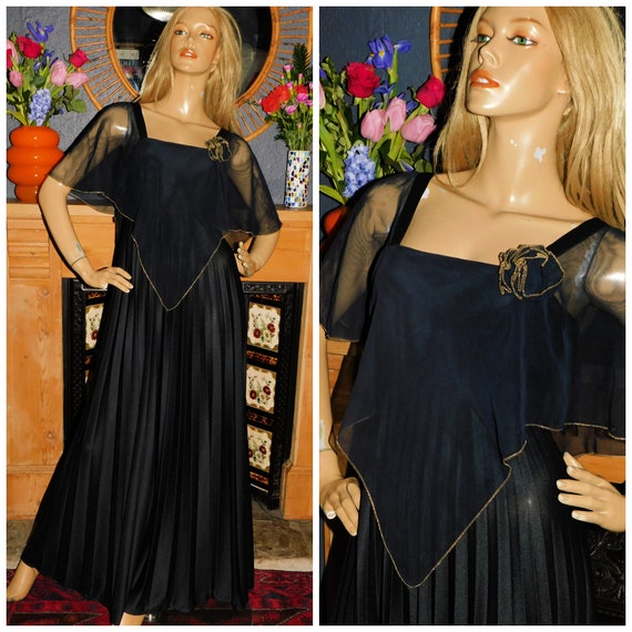 Vintage 70s Black Gold SHEER CAPE Accordion Pleated Maxi Evening Dress 8 Xs 1970s Glam Party GODDESS