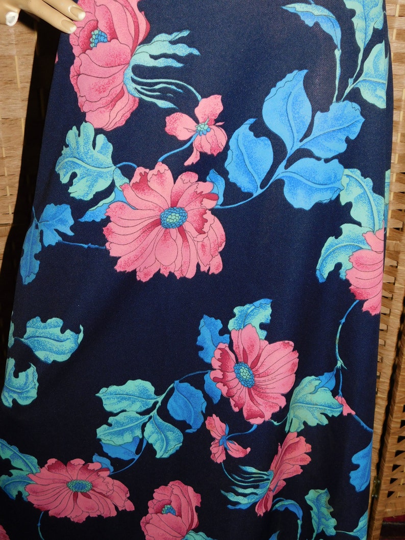 Vintage 70s Navy Green Pink Bold FLORAL POPPY Print Flutter WING Slvd Maxi dress 10-12 S M 1970s Flower Power