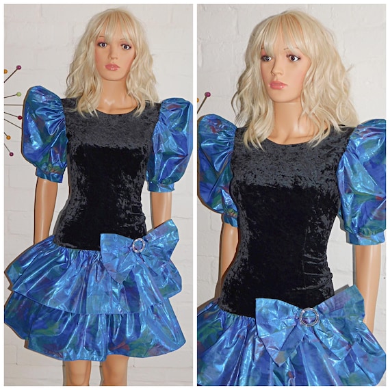 Vintage 80s Black METALLIC Blue BOW RaRa Prom Party Dress 6 8 XS 1980s Kitsch Puff Sleeves Mini