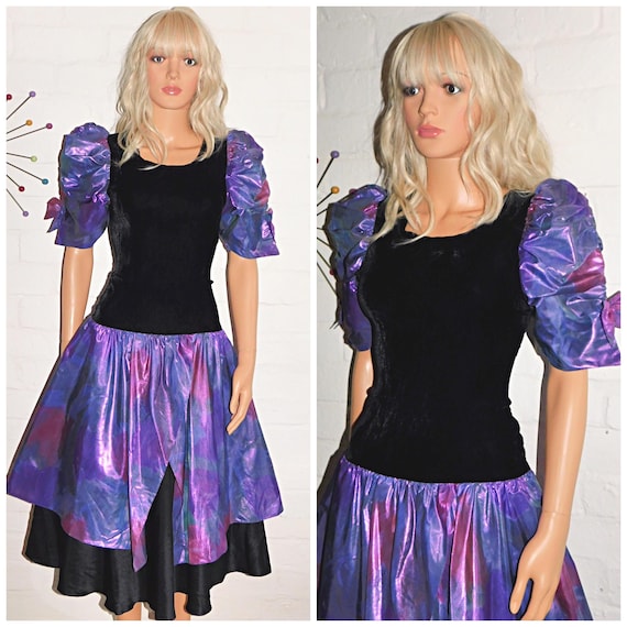 Vintage 80s Black METALLIC Purple PUFF Slvd Drop Waist Prom Party Dress 8 10 S 1980s Kitsch
