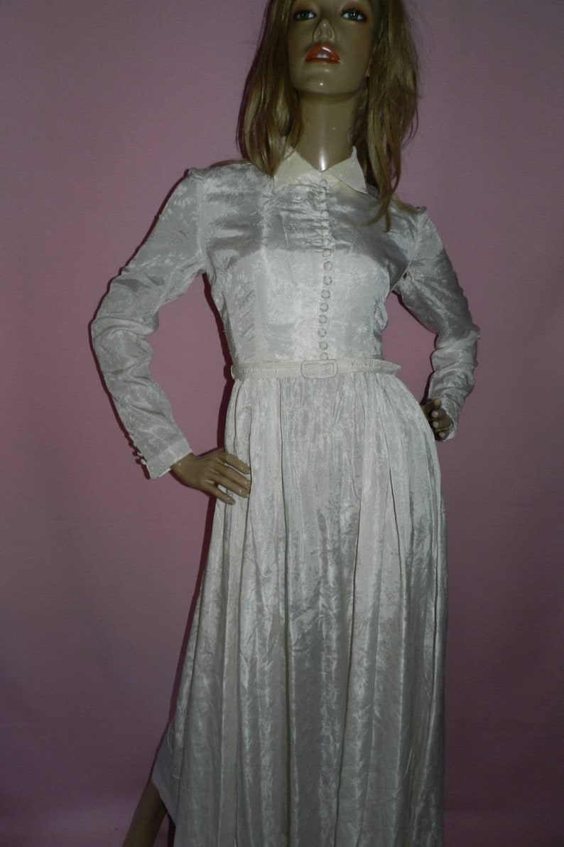 Vintage 30s 40s Delicate FLORAL IVORY Button front belted Maxi WEDDING Dress 10 S 1930s 1940s Bridal Wartime