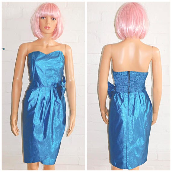 Vintage 80s METALLIC Turquoise Blue BOW Strapless Prom Party Dress 10 S 1980s Evening Cocktail Avant Garde