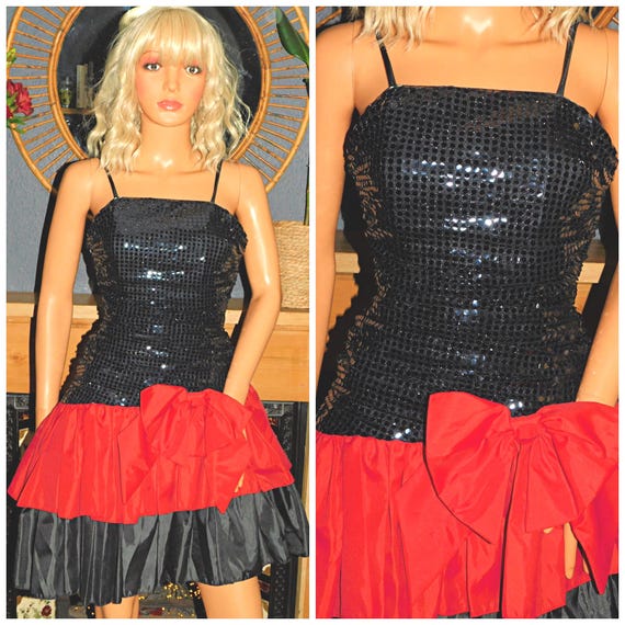 Vintage 80s Black Red SEQUIN BOW Drop Waist RARA Prom Party Dress 6 Xxs 1980s Kitsch Cocktail Evening