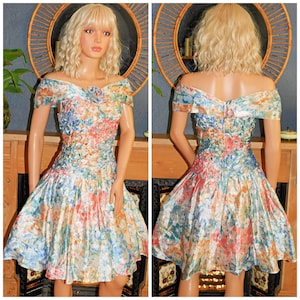 Vintage 80s Vera Mont PASTEL FLORAL Prom Party Dress 8 10 S 1980s Kitsch Shawl Collar Drop Waist