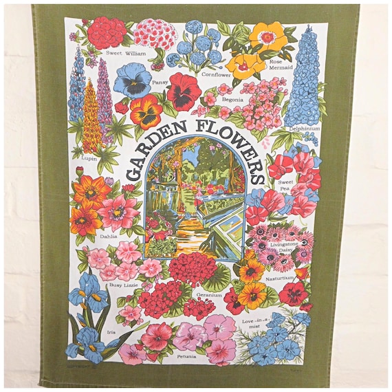 Vintage 70s GARDEN FLOWERS Cotton Tea Towel