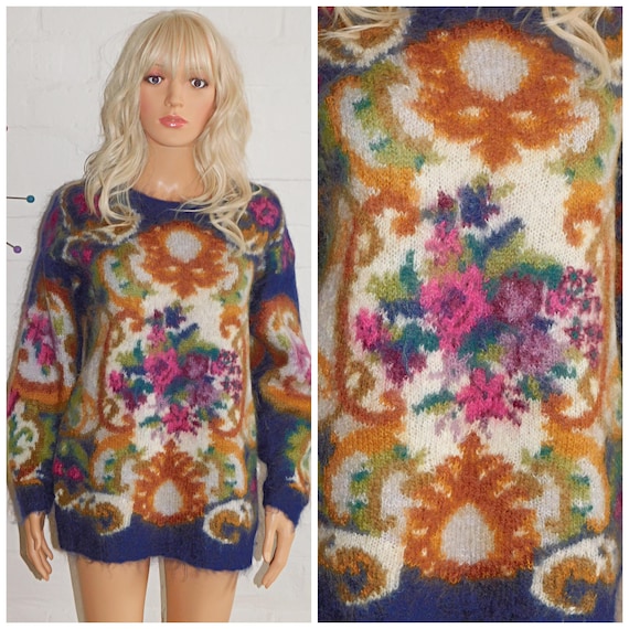 Vintage 80s Multicoloured FLORAL Mohair Sweater Jumper S 1980s Kitsch