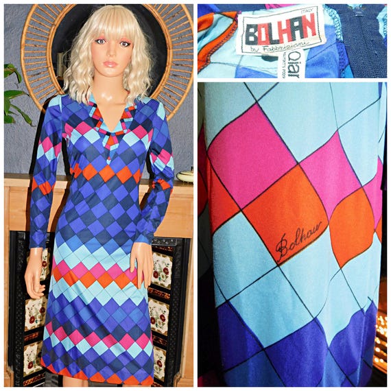 Vintage BOLHAN 60s 70s Multicoloured HARLEQUIN Check SIGNED Day Dress 10 12 S M 1960s 1970s