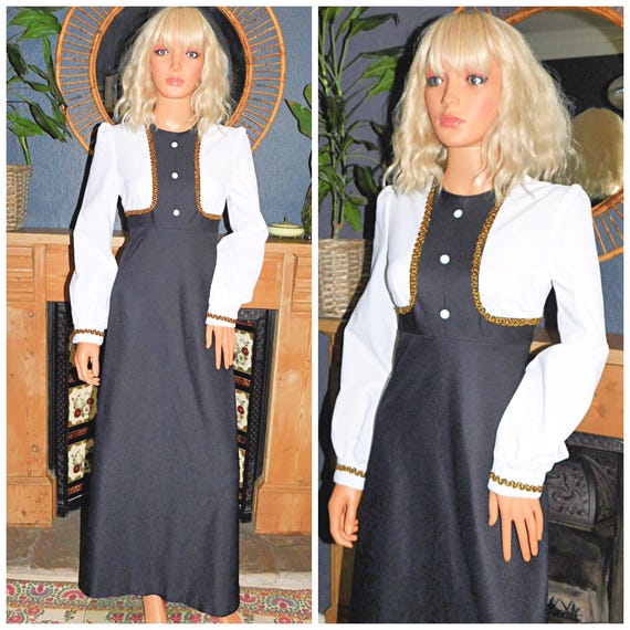 Vintage 70s Black White Gold GOTHIC Maxi Dress 12 M 1970s Kitsch Halloween