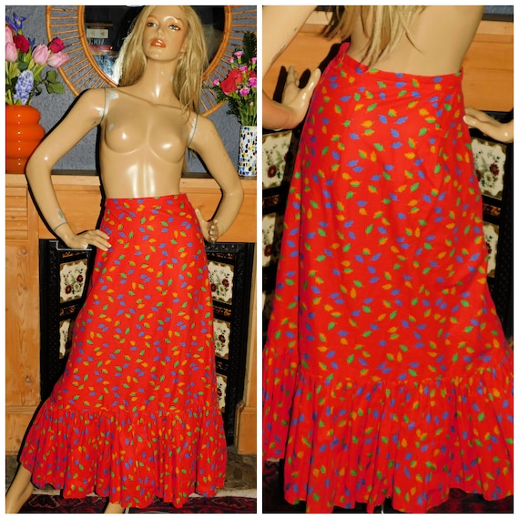 Vintage 70s Red Multicoloured LEAF Print Bohemian Maxi Tiered RUFFLED Hem Maxi Skirt 6-8 XS 1970s Prairie Boho Hippy Hippie Cotton