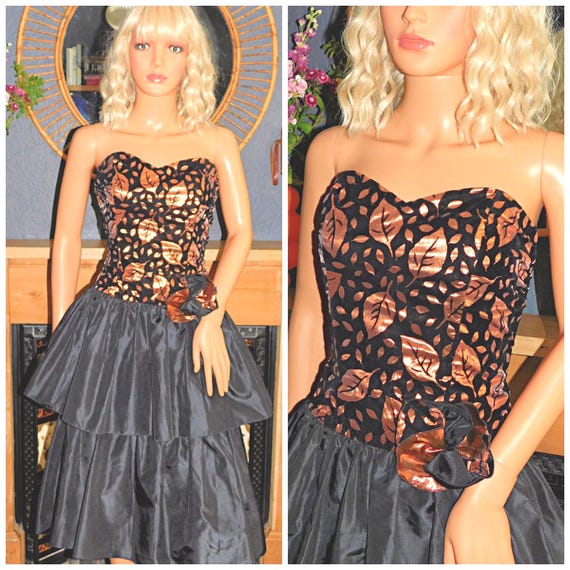 Vintage 80s METALLIC Gold Bronze Strapless RaRa Prom Party Dress 8 10 S 1980s Lame Cocktail Extreme