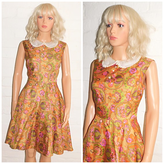 Vintage 50s Orange Pink PSYCHEDELIC Print Pin Up TEA Dress 10 12 S M 1950s Mid Century Peter Pan Collar