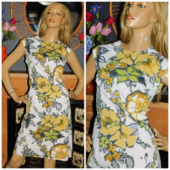 Vintage 60s Yellow Grey ABSTRACT FLORAL Print MOD Scooter Dress 12-14 M 1960s Modette Dolly
