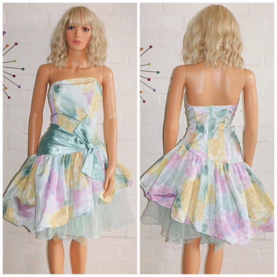 Vintage 80s PASTEL Abstract Strapless Prom Party Dress 8 S 1980s Origami Sculptural Kitsch Avant Garde