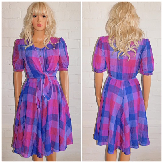 Vintage 80s does 50s Purple Pink CHECK Tie Front Full Skirt TEA Dress 8-10 S 1980s 1950s