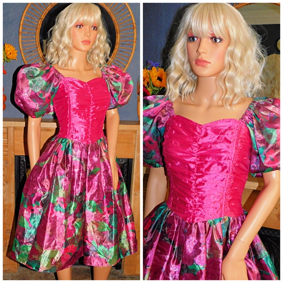 Vintage 80s BUBBLEGUM Pink FLORAL PUFF Slvd Prom Party Dress 8 S Xs 1980s Kitsch