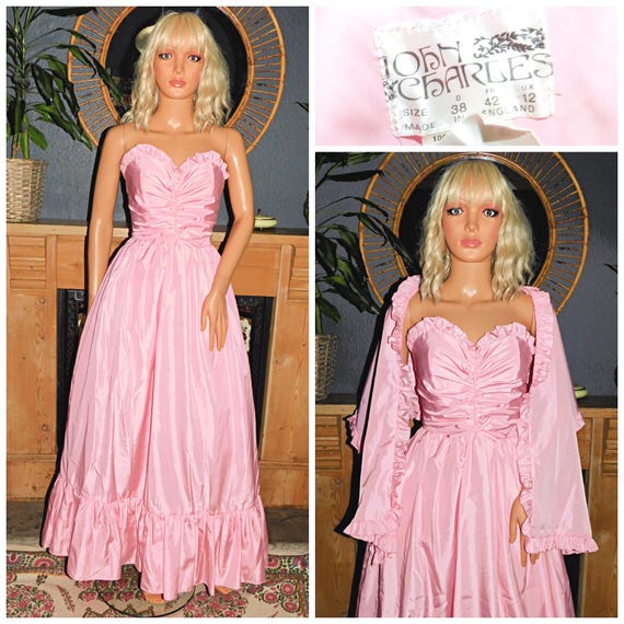 Vintage 70s 80s John Charles BABY Pink STRAPLESS BOW Prom Party Dress 8 S 1980s Princess