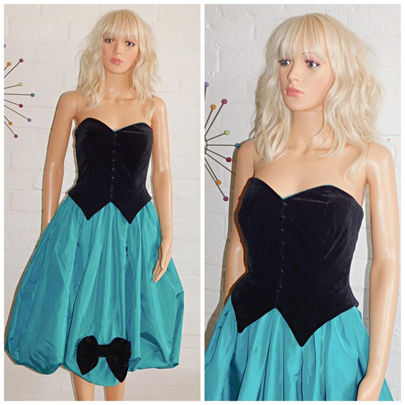 Vintage 80s Black Green Tuxedo Strapless BOW BUBBLE Hem Prom Party Dress 6 8 Xs 1980s Kitsch Puffball