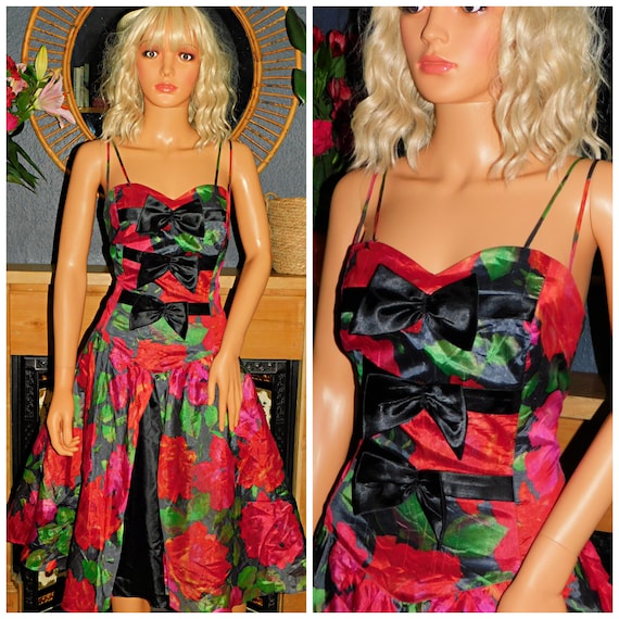 Vintage 80s Red Black Green KITSCH Floral BOW Prom Party Dress 12 M 1980s Cocktail Extreme