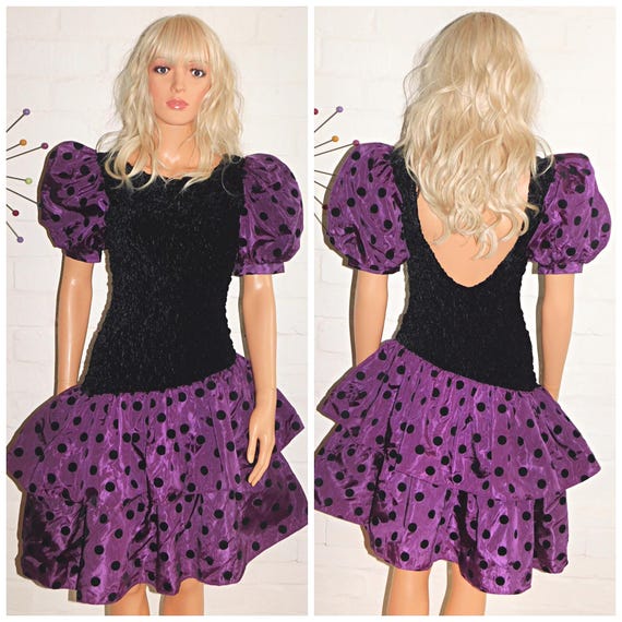 Vintage 80s Black Purple POLKA Dot PUFF Slvd Drop Waist Prom Party Dress 10 S 1980s Kitsch RaRa