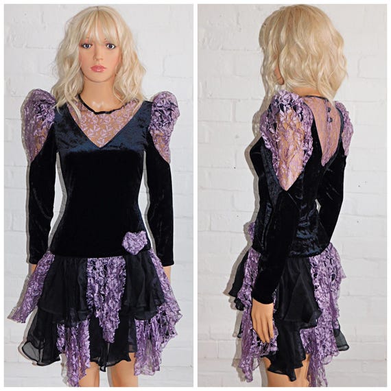 Vintage 80s Black Lilac Lace Trim PUFF Slvd Drop Waist Goth PROM Party Dress 8 S Xs 1980s Trashy Evening Kitsch Cocktail Mini