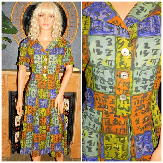 Vintage 50s Novelty Multicoloured ABSTRACT NUMBER Maths Print Tea Day Dress 16 L 1950s Mid Century