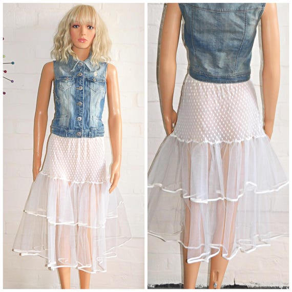Vintage 80s White DOTTY Net TULLE RaRa Petticoat Skirt S M 1980s