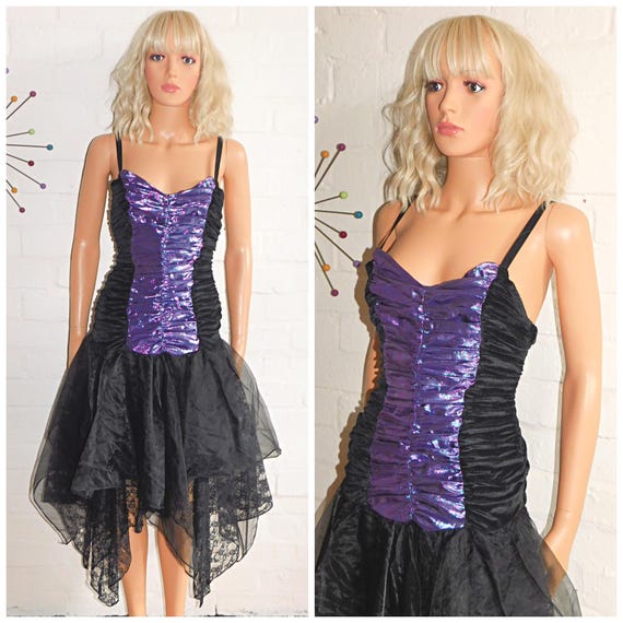 Vintage 80s Black Purple METALLIC PROM Party Dress 8 10 S 1980s Halloween Kitsch Cocktail