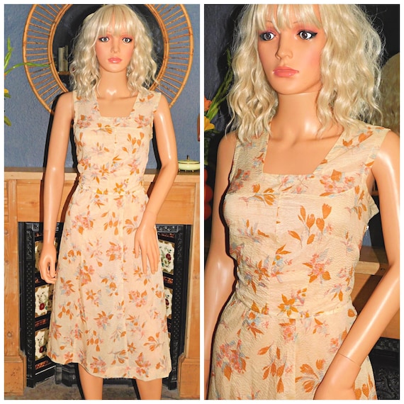 Vintage 50s Semi SHEER Tan Grey AUTUMN Leaf Floral Print TEA Dress 10-12 S M 1950s Mid Century