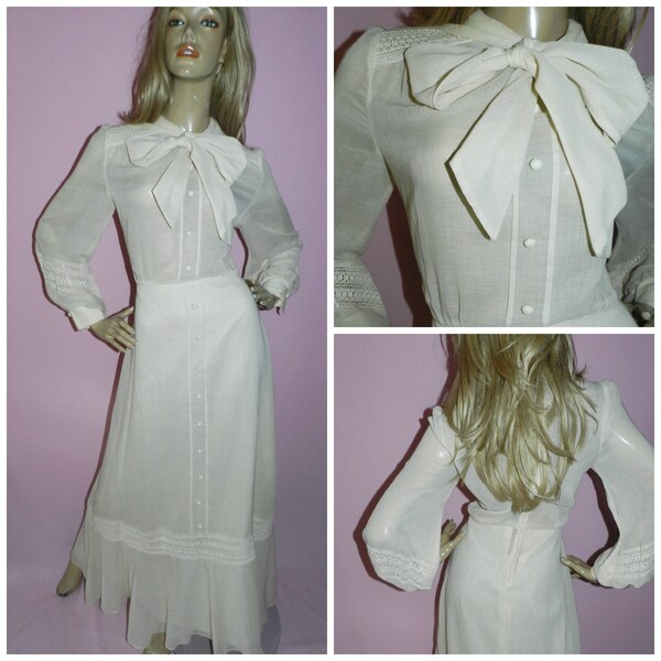 Vintage 70s Cream VICTORIANA CROCHET Trim PUSSY Bow Maxi dress 12 14 M 1970s Bohemian Wedding Bridesmaid