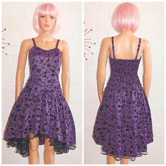 Vintage 80s Purple Black Glittery BOW Front Prom Party Dress 8 10 S 1980s Cocktail Kitsch Detatchable Straps