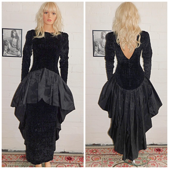 Vintage 80s Avant Garde Extreme Black PEPLUM Princess Prom Party Dress 8 10 S 1980s Cocktail