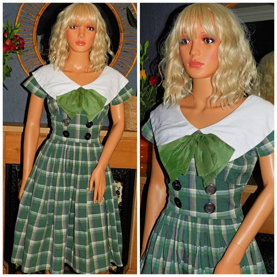 Vintage 40s 50s Green TARTAN CHECK Bow Contrast COLLAR Day Dress 10 S 1940s 1950s Peter Pan Secretary