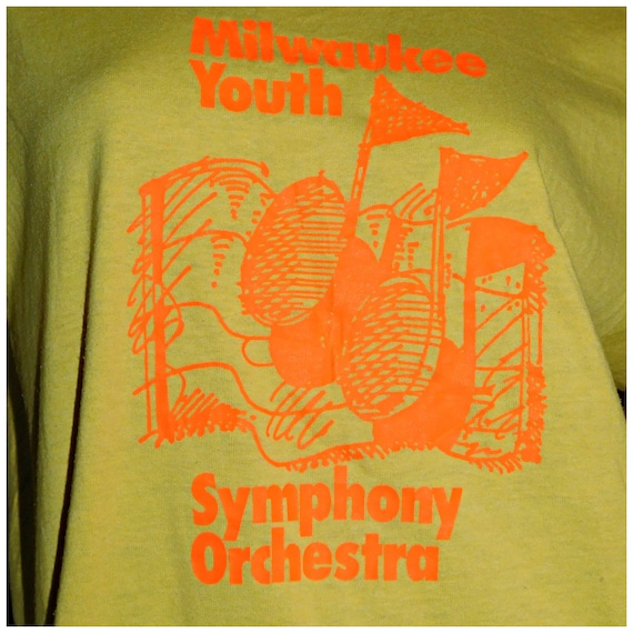 Vintage 90s Soft SINGLE Stitch Yellow Milwaukie Youth ORCHESTRA Print T Shirt M L 1990s 50 50 Unisex Graphic