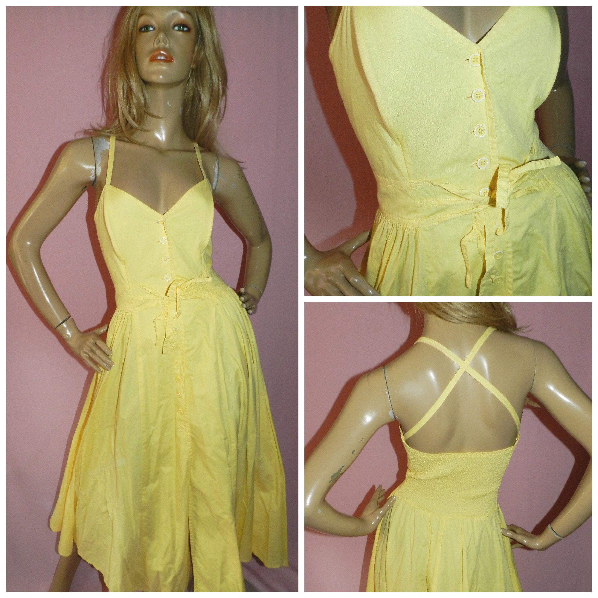 Vintage 80s does 50s YELLOW Button down SWING Tea dress 12 M 1980s ...