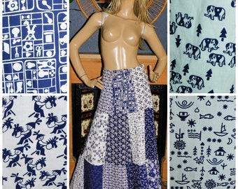 Vintage 70s Navy White NOVELTY Print PATCHWORK Cotton Bohemian Maxi Skirt 8 10 S 1970s Kitsch Boho Hippy Hippie Prairie