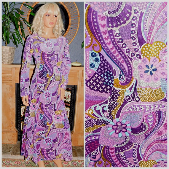 Vintage 70s Purple PSYCHEDELIC Velvet Towelling Margo Midi Dress 16 18 L 1970s Kitsch