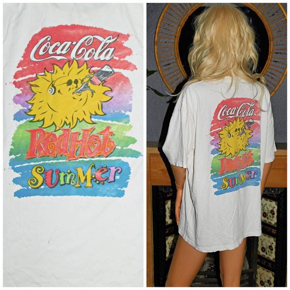 Vintage 90s Soft SINGLE STITCH Coca Cola Red Hot Summer T Shirt L 1990s Unisex Graphic Cotton Tee