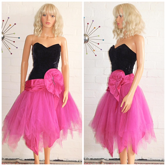 Vintage 80s Black Pink FAIRY Net TULLE Princess Prom Party Dress 6 8 Xs 1980s FANTASY