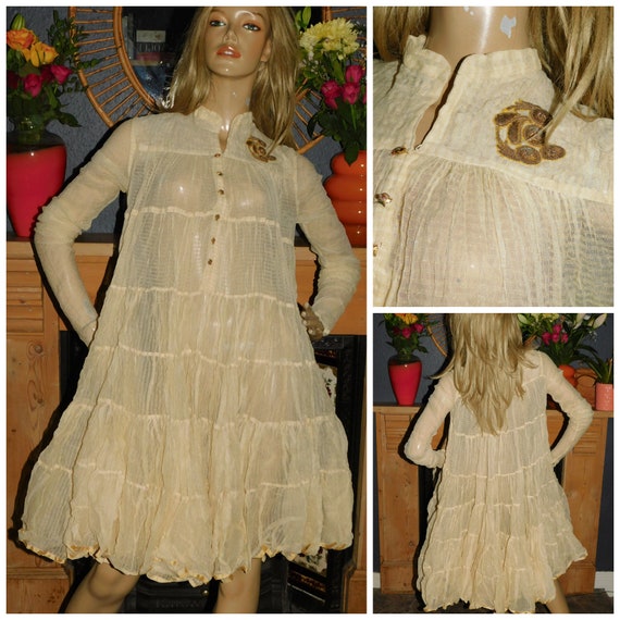 Vintage 20s 30s Cream Net TULLE Tiered Sequin Trim ART DECO Tent Dress S Xs 1920s 1930s 6 8