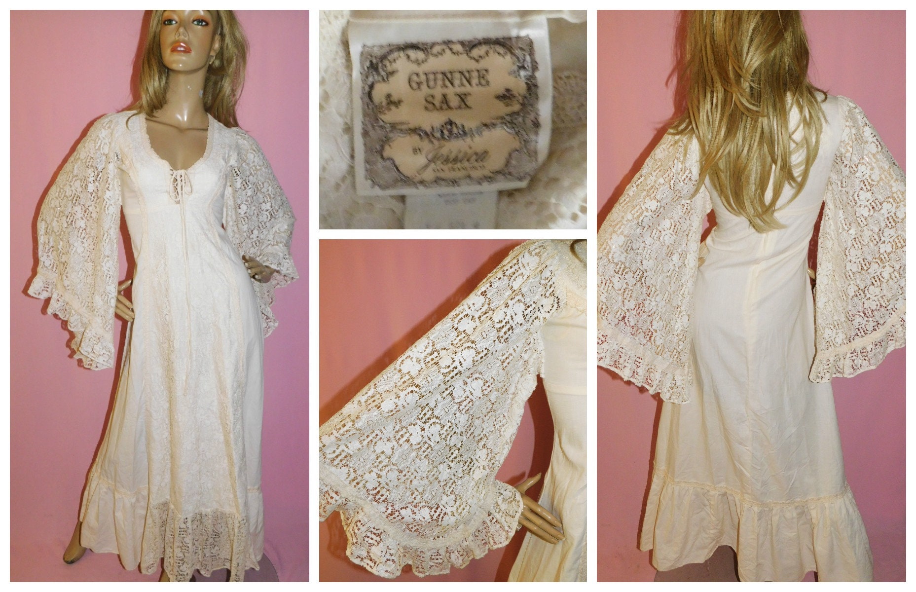 Vintage 70s BOHEMIAN GUNNE SAX Cream Crochet Lace Maxi Dress 10 S 1970s ...