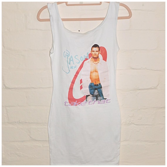 Vintage 90s Deadstock JASON ORANGE MINI T Shirt Dress Xxs 1990s Graphic White Tee Take That