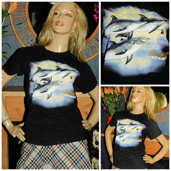 Vintage 90s Soft SINGLE STITCH Cotton San Diego SEA World T shirt Xs S 1990s Unisex Graphic Hanes Black Shark