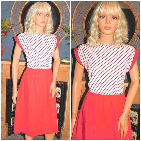 Vintage 70s 80s Red White STRIPED Contrast SPORTS Day Dress 8 10 1970s 1980s POCKETS